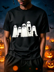 Halloween Black Cat Pattern T-Shirt, Men's Vintage Cute Style