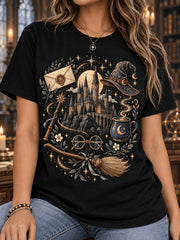 Magic Castle T-Shirt Wizard Hat Broom Wand Owl Letter Print Casual Tee Top