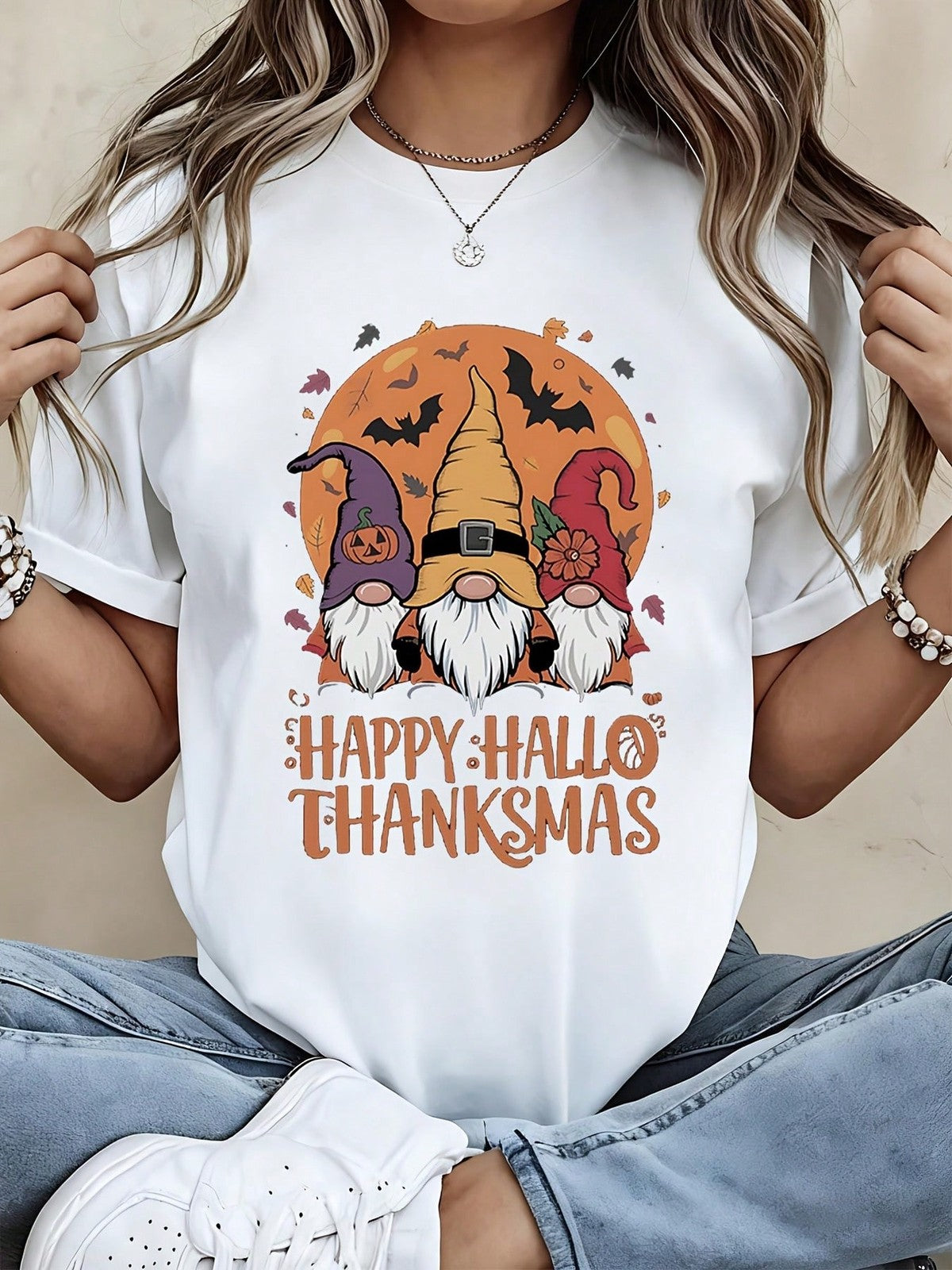 Happy Hallo Thanksmas Gnomes Halloween Thanksgiving Fall Autumn Graphic Tee