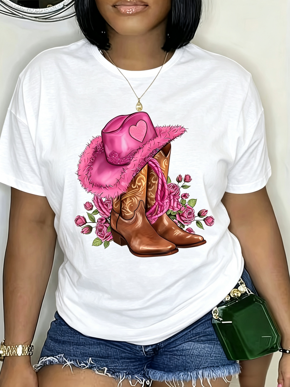 Women's T-Shirt, Pink Cowgirl Hat Boots with Roses Western Country Casual Tee