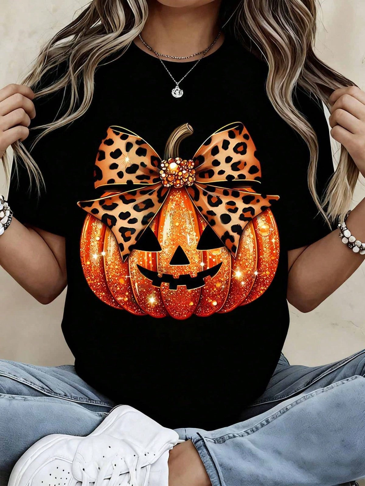 Pumpkin With Leopard Bow Print T Shirt Casual Loose Fit Tee For Halloween