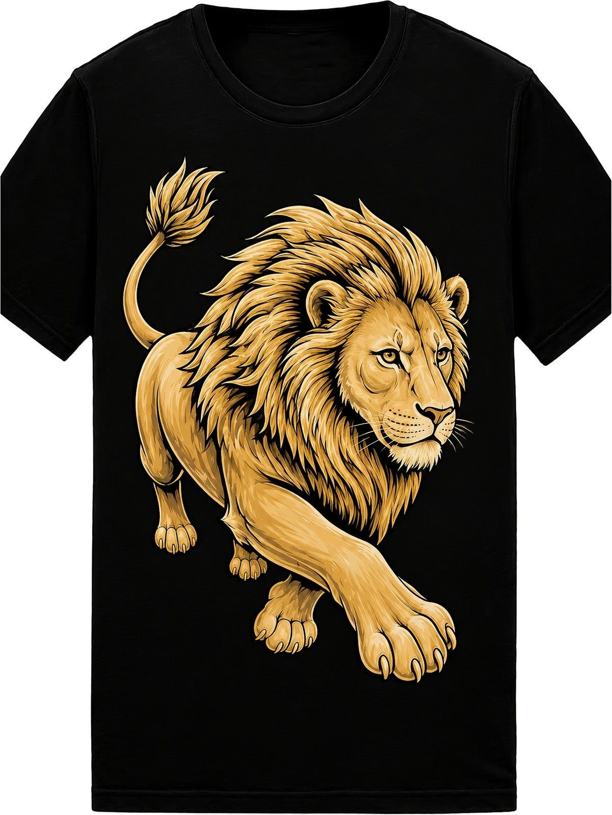 Golden Lion T-Shirt Fierce Animal Graphic Tee Black Short Sleeve