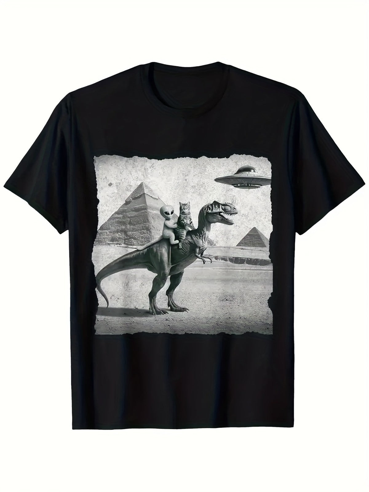 Funny UFO Alien Riding T-Rex Dinosaur Egyptian Pyramid Short Sleeve TShirt