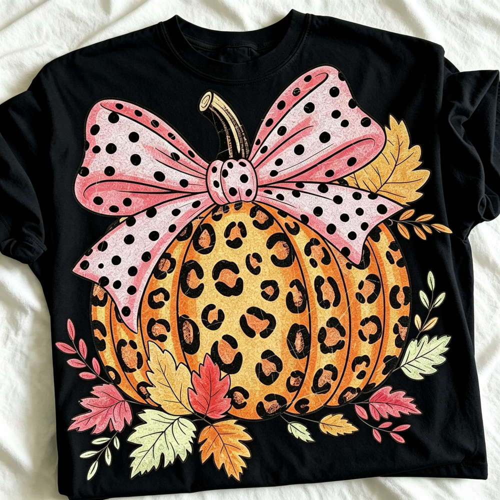 Casual Cheetah Print Pumpkin TShirt With Polka Dot Bow Cute Short Sleeve Top