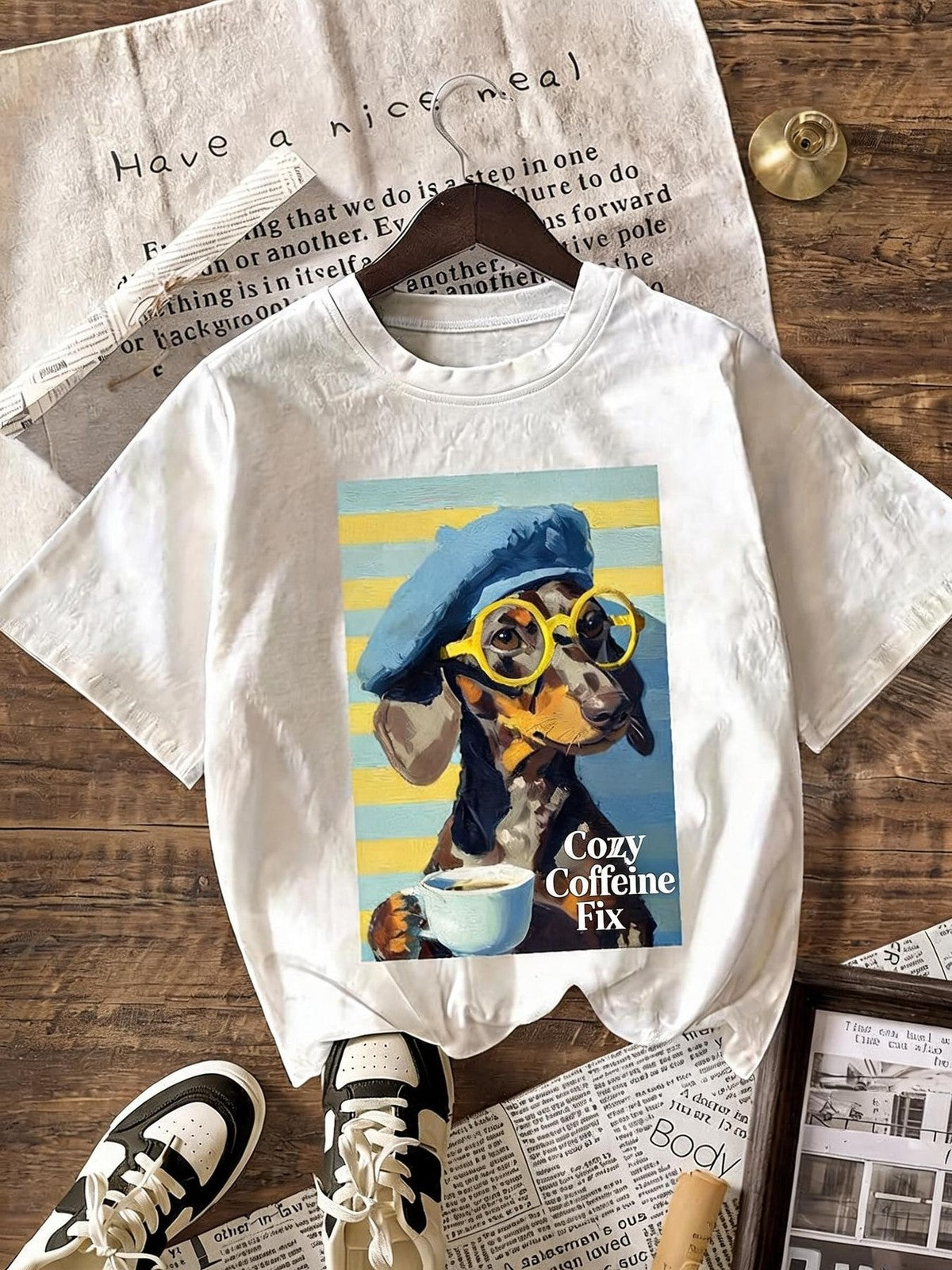 Dachshund Dog Beret Yellow Glasses Cozy Caffeine Fix Print Casual Daily Tee
