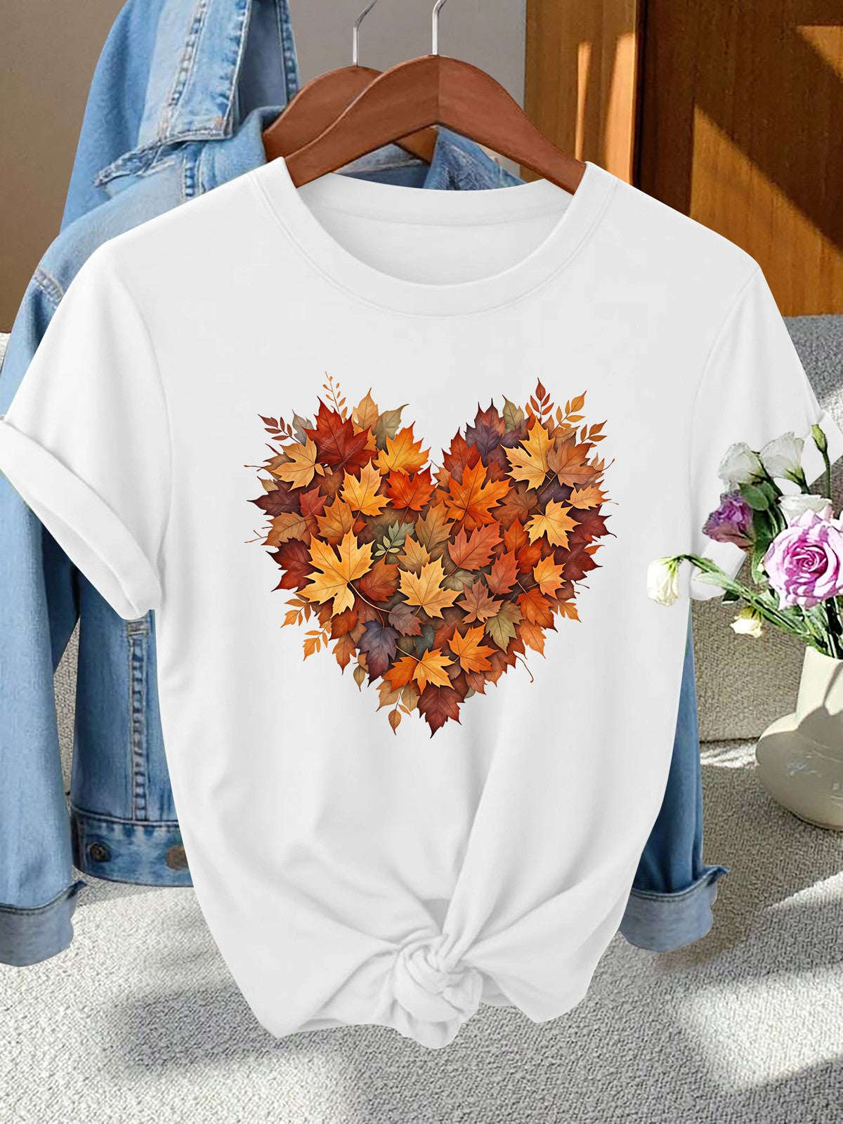 Women's Crew Neck Graphic T-Shirt, Fall Maple Leaf Heart Shape Autumn Leaves Tee