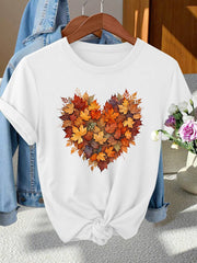 Women's Crew Neck Graphic T-Shirt, Fall Maple Leaf Heart Shape Autumn Leaves Tee