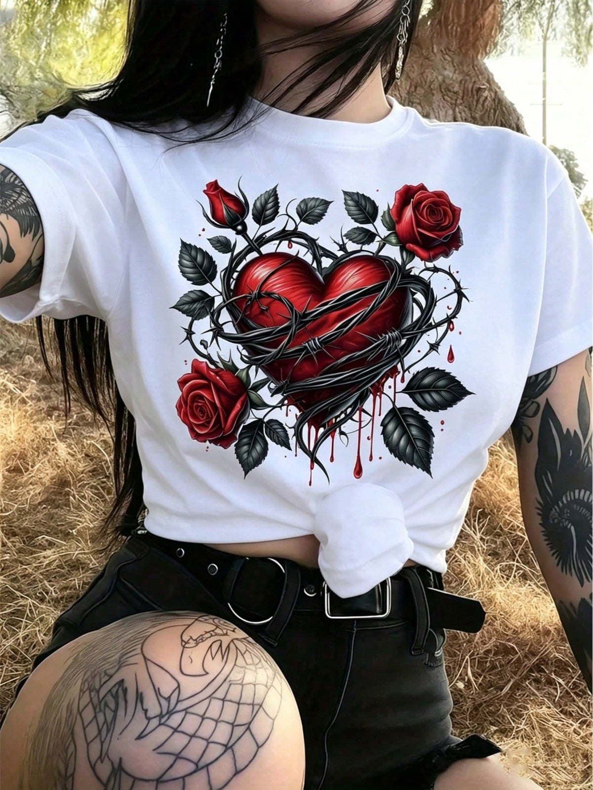 Rose Heart-Shaped Halloween T-Shirt Black And Red Rose Seasons Thorn Rose Gothic