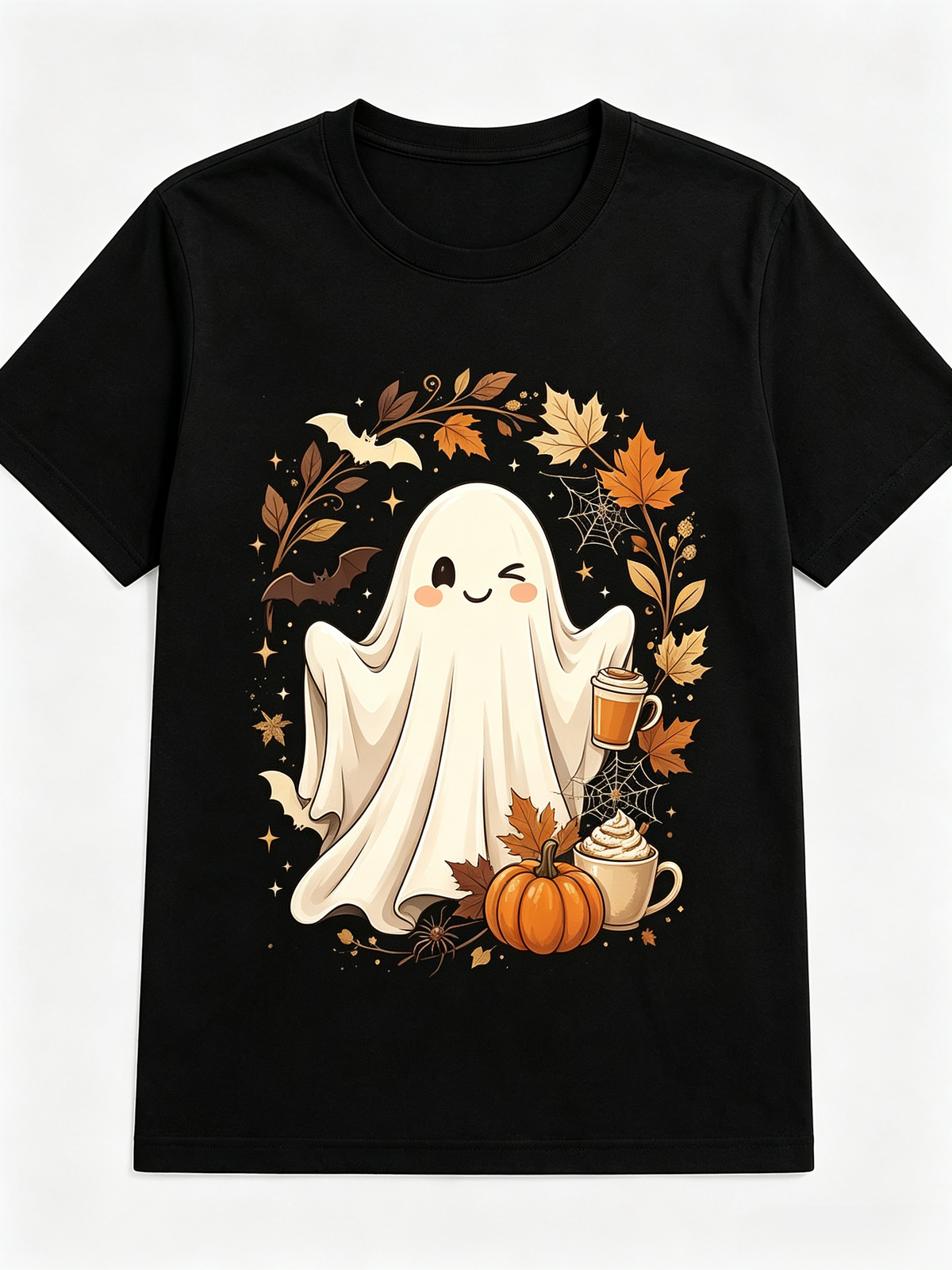 Cute Winking Ghost Pumpkin Spice Coffee TShirt Fall Maple Leaf Bat Spider Web