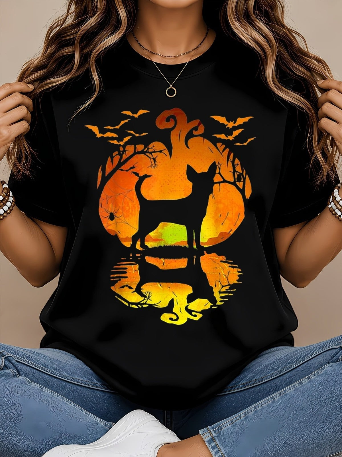 Chihuahua Halloween TShirt Pumpkin Moon Bat Silhouette Reflection Short Sleeve