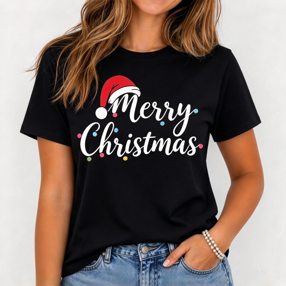 Women's Merry Christmas T-Shirt Santa Hat Graphic Tee Holiday Xmas Casual Top