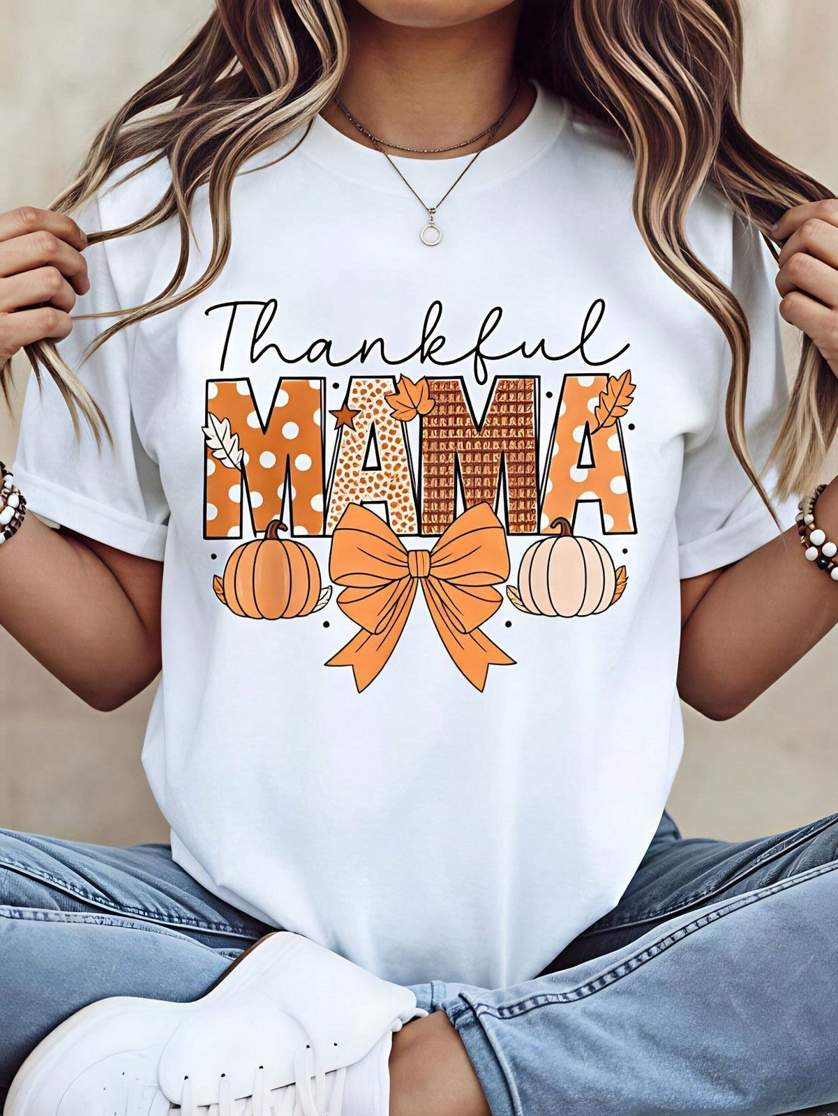 Halloween Thankful Mama Pumpkin Bow Pattern T-Shirts,Autumn Style Graphic Tee