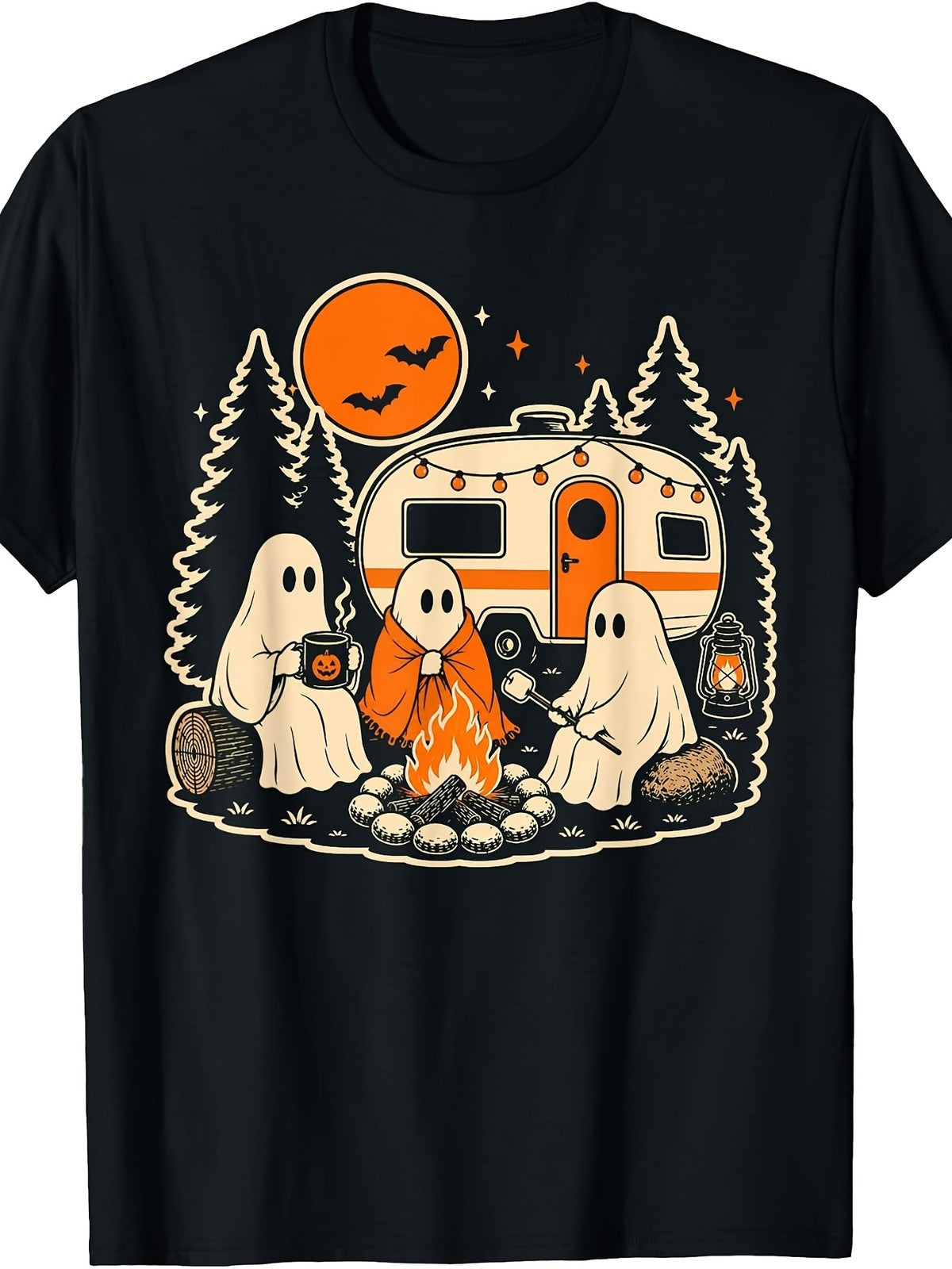 Halloween Ghost Camper Spooky Campfire Vintage Camping Casual Graphic Unisex Tee