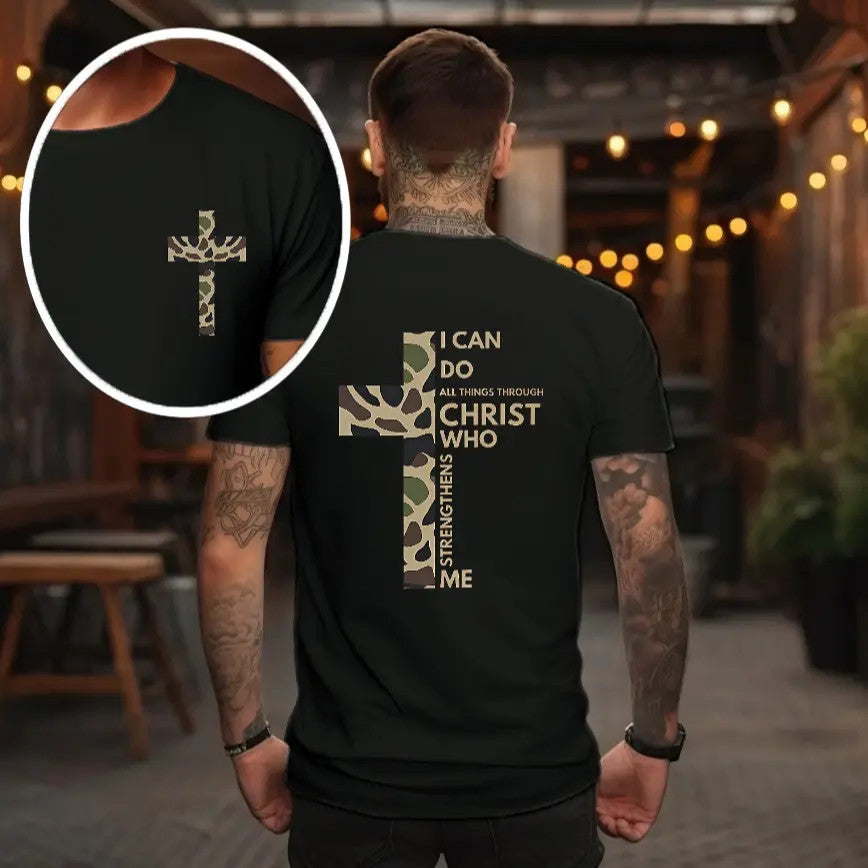 Philippians 4:13 Camo Cross Graphic tshirt – Religious Bible Verse Apparel