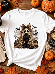 Halloween Leopard Bow Black Cat Ghost Print Short Sleeve Retro Casual Top