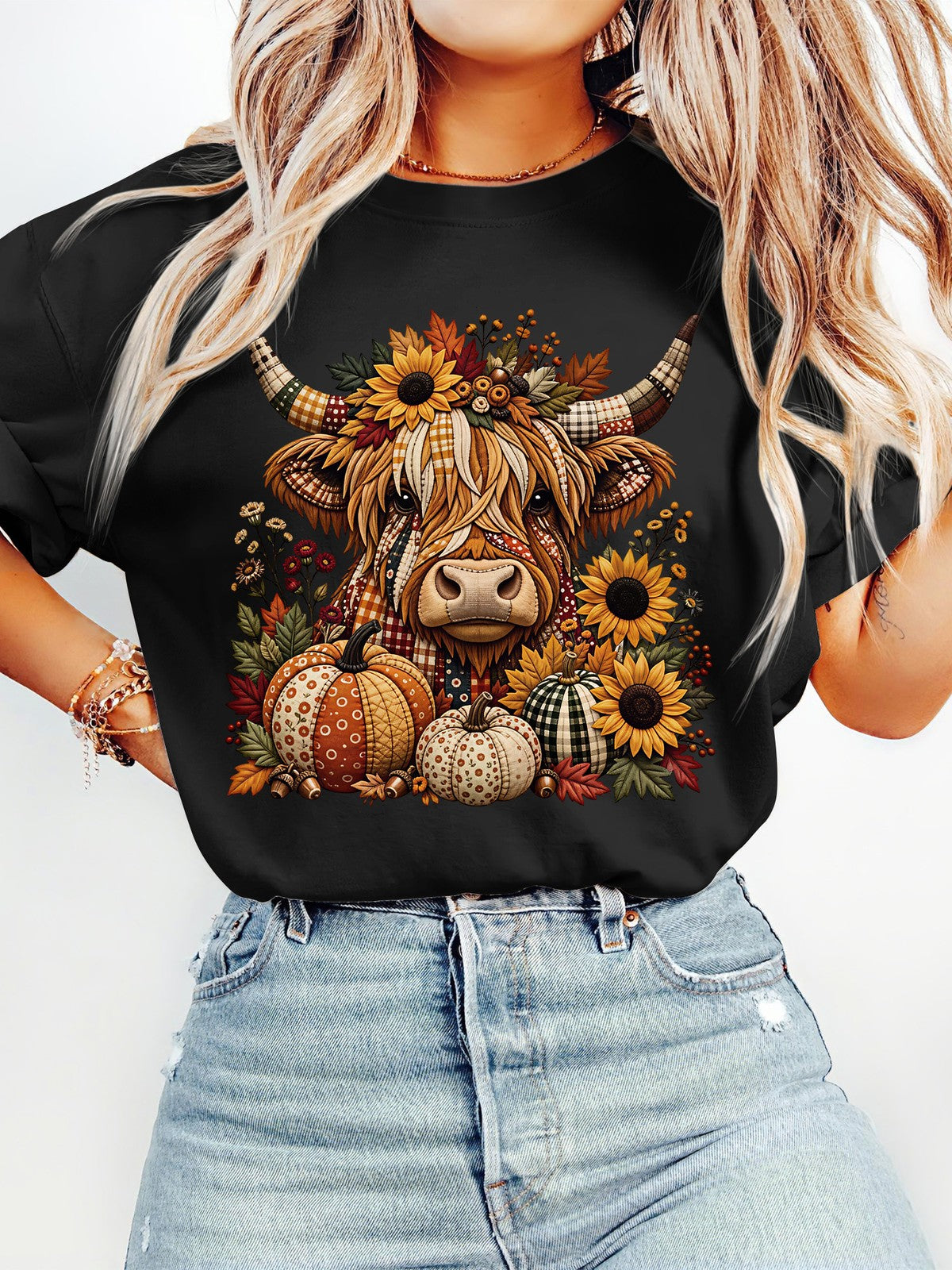 Women's Fall Highland Cow Pumpkin Sunflower Maple Leaf Autumn T-Shirt