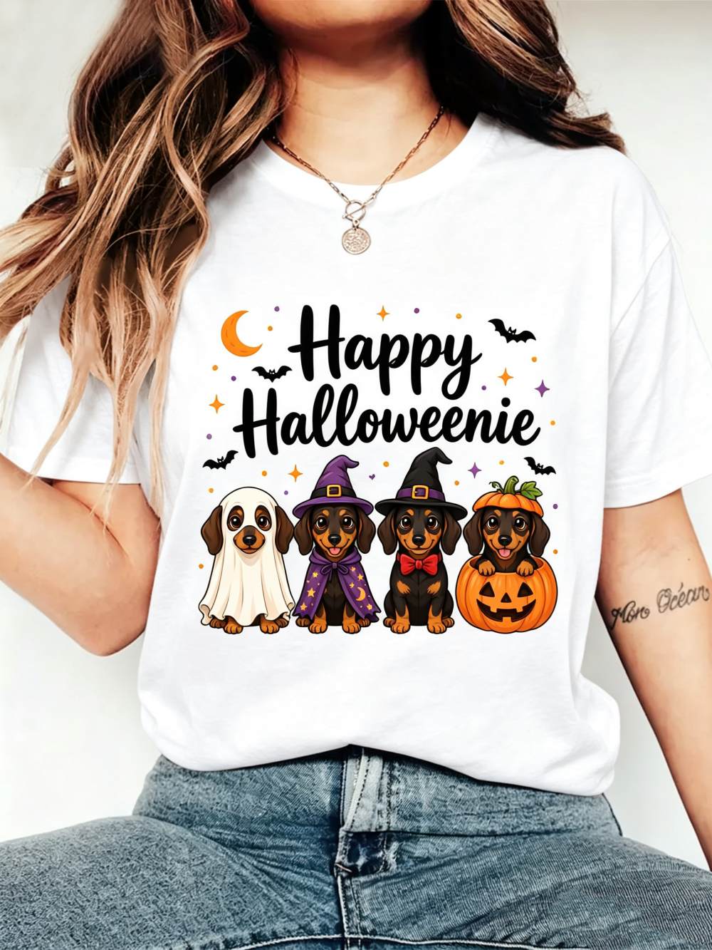 Women's Happy Halloweenie Dachshund Halloween Short Sleeve Crew Neck T-Shirt