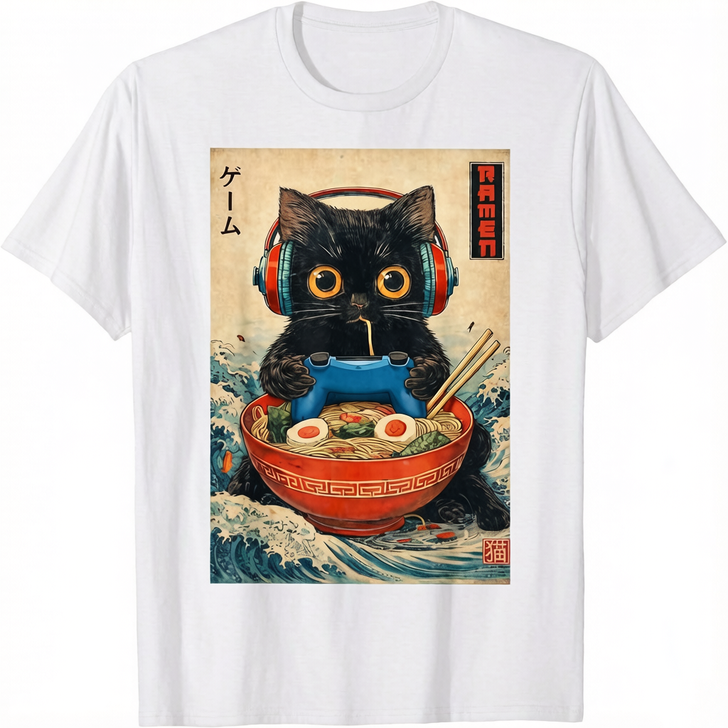 Retro Cat Ramen Japanese Funny Graphic Tee Kawaii Cat Unisex T-Shirt 100% Cotton