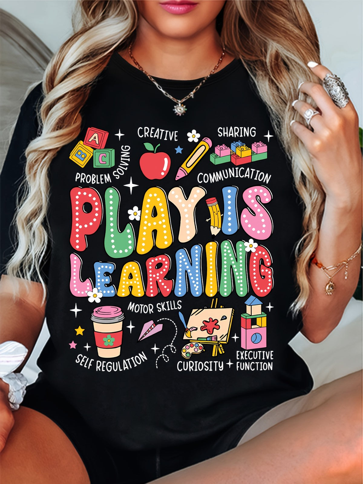 Play Is Learning Teacher TShirt - Vibrant Educational Graphic Print Casual Tee