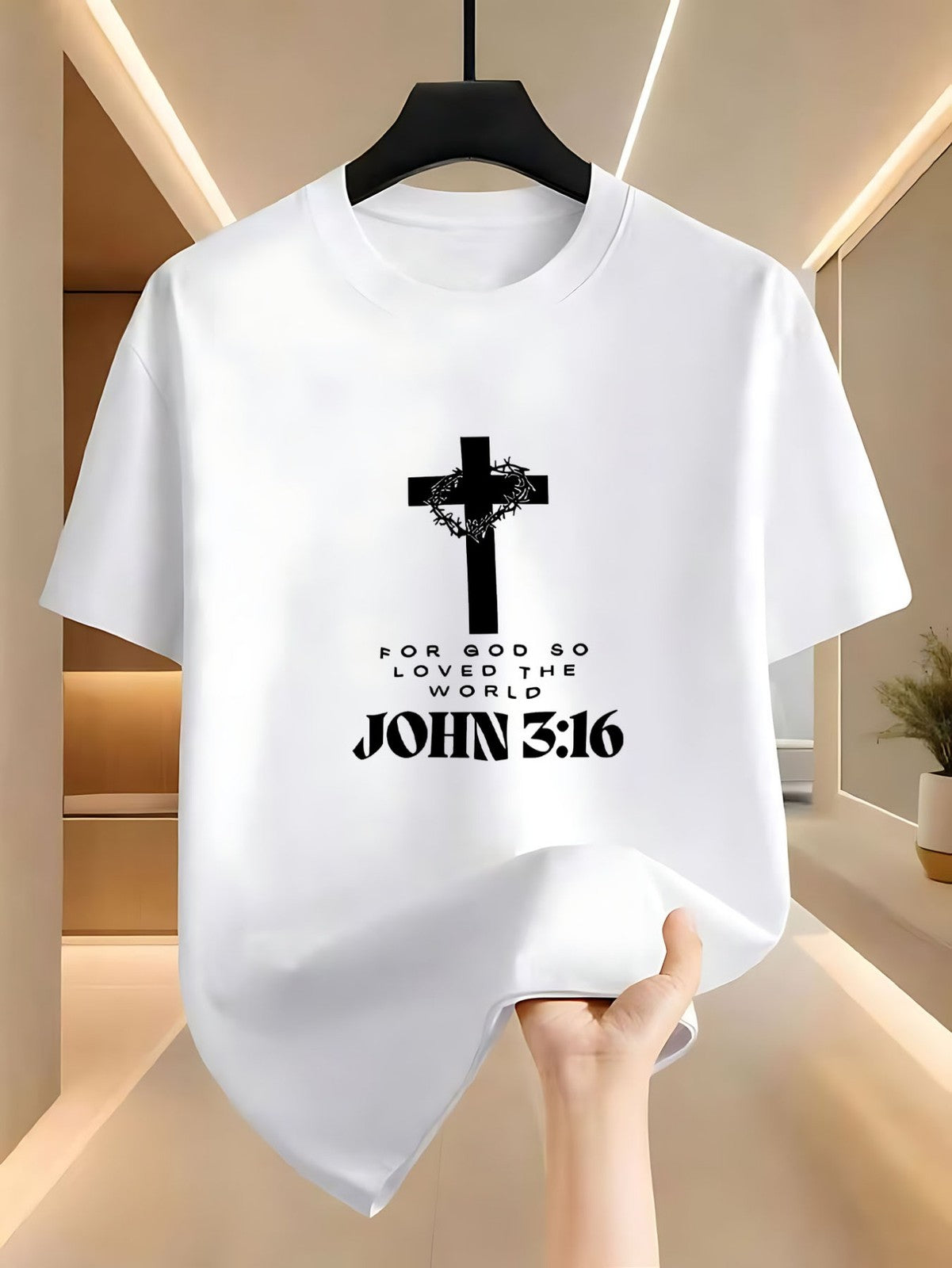 Crossed Thorn Crown Scripture Text Front Print Tshirt - Faith Theme Tshirt