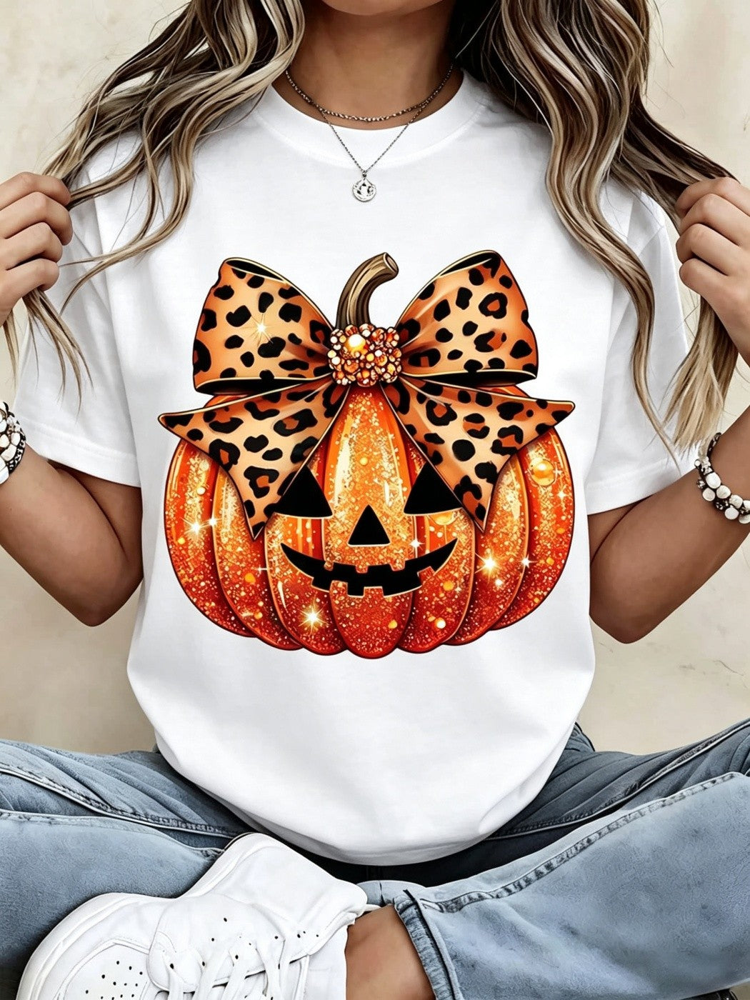 Pumpkin With Leopard Bow Print T Shirt Casual Loose Fit Tee For Halloween