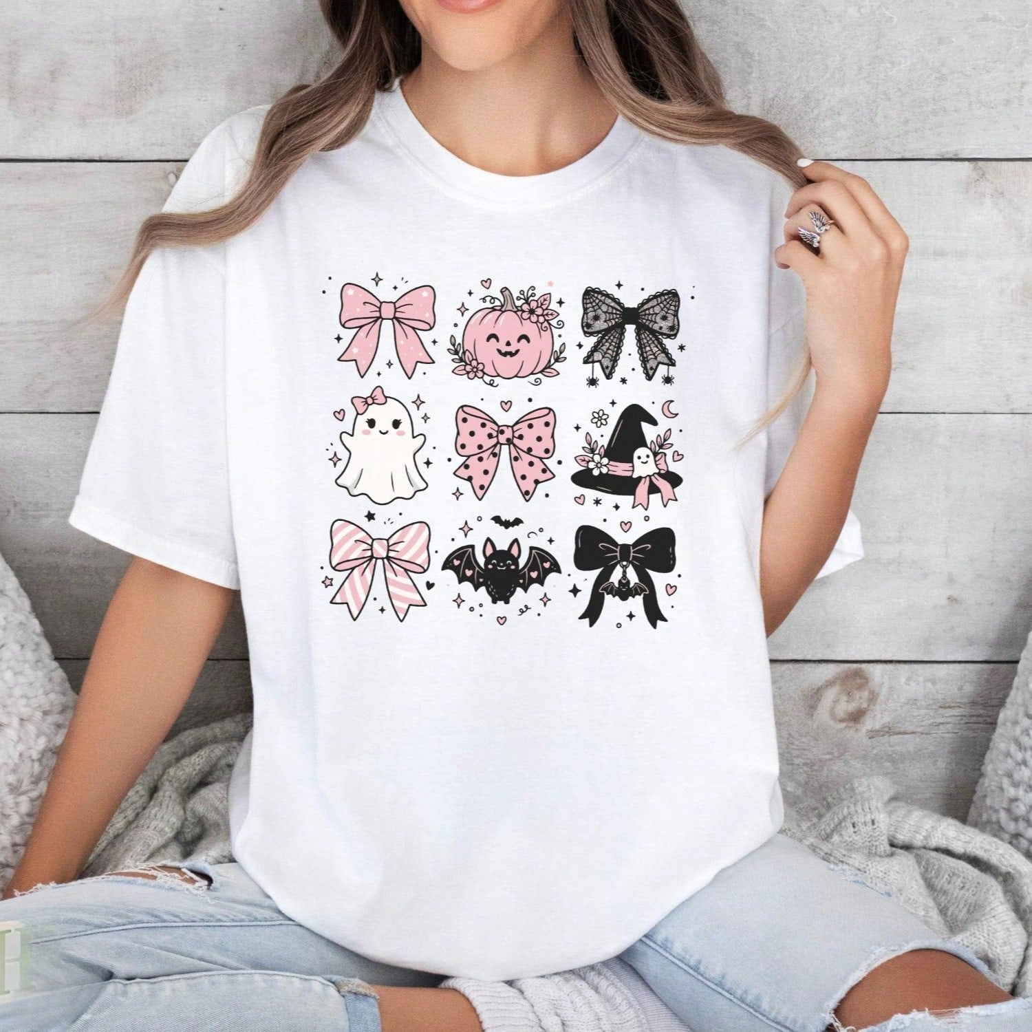 Halloween Graphic TShirt Cute Bow Ghost Pumpkin Bat Witch Hat Short Sleeve Tee
