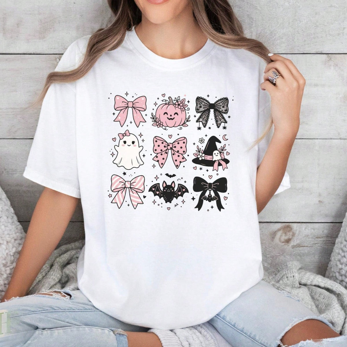 Halloween Graphic TShirt Cute Bow Ghost Pumpkin Bat Witch Hat Short Sleeve Tee