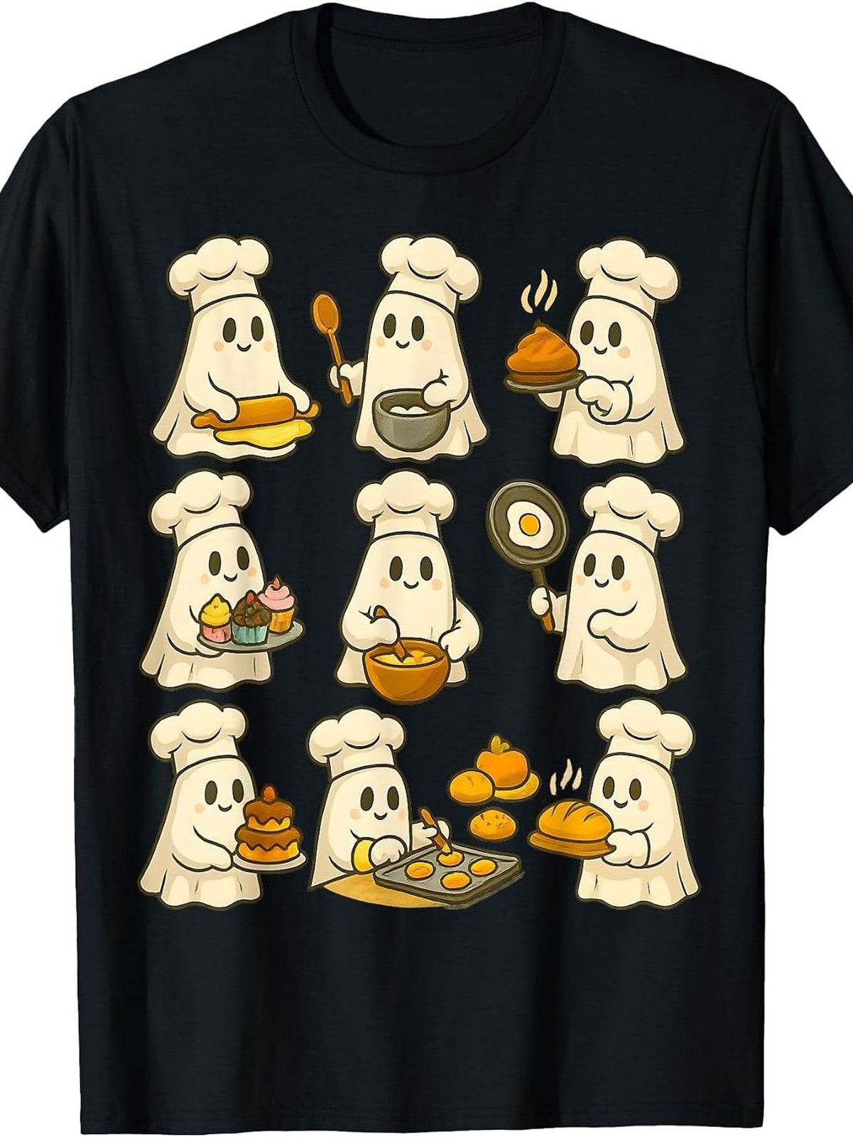 Cute Ghost Baker Baking Pastry Halloween Spooky Casual Graphic Unisex Tee