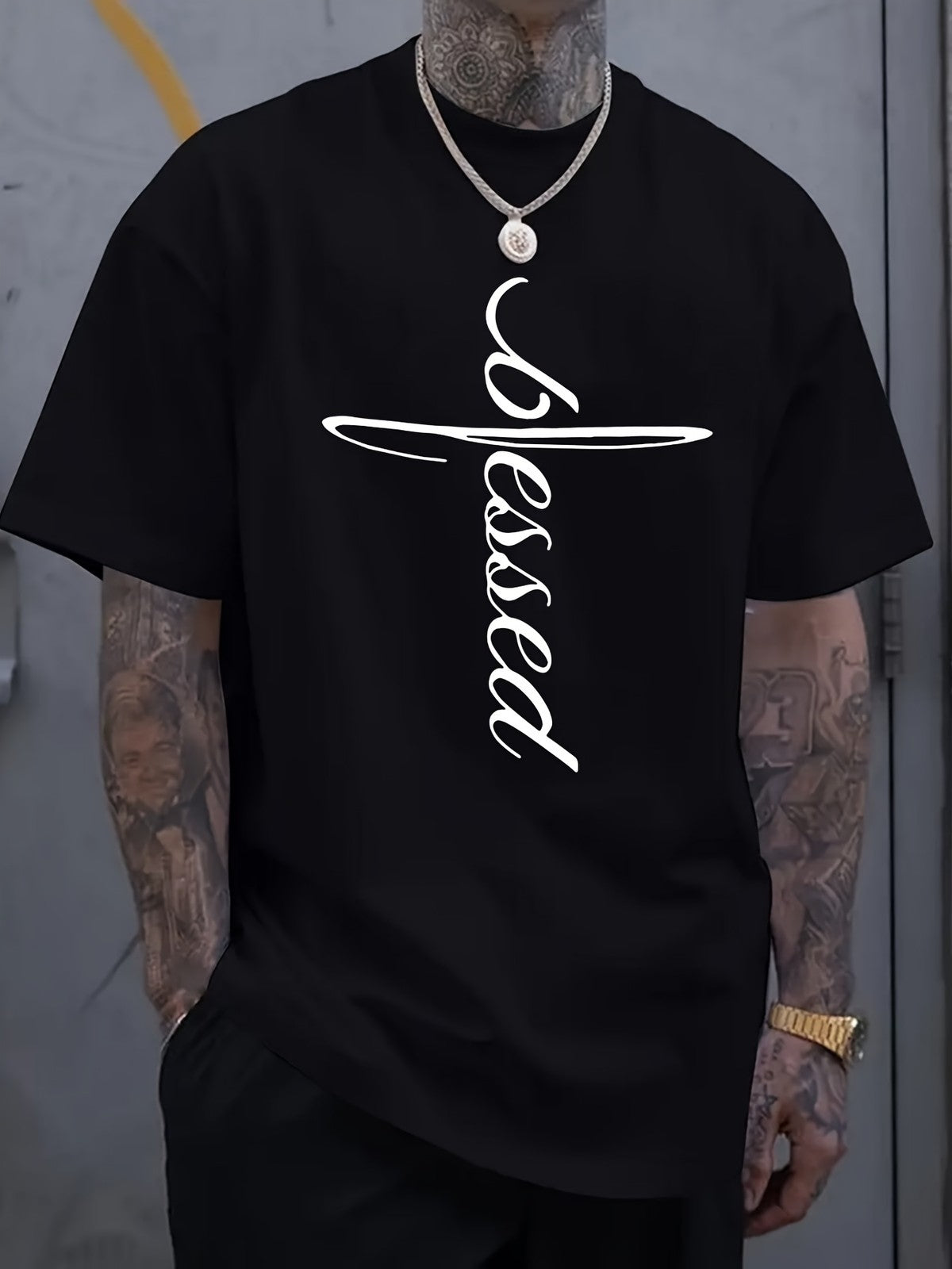 Blessed Cross Shirt Christian Faith Graphic Tee Black Short Sleeve