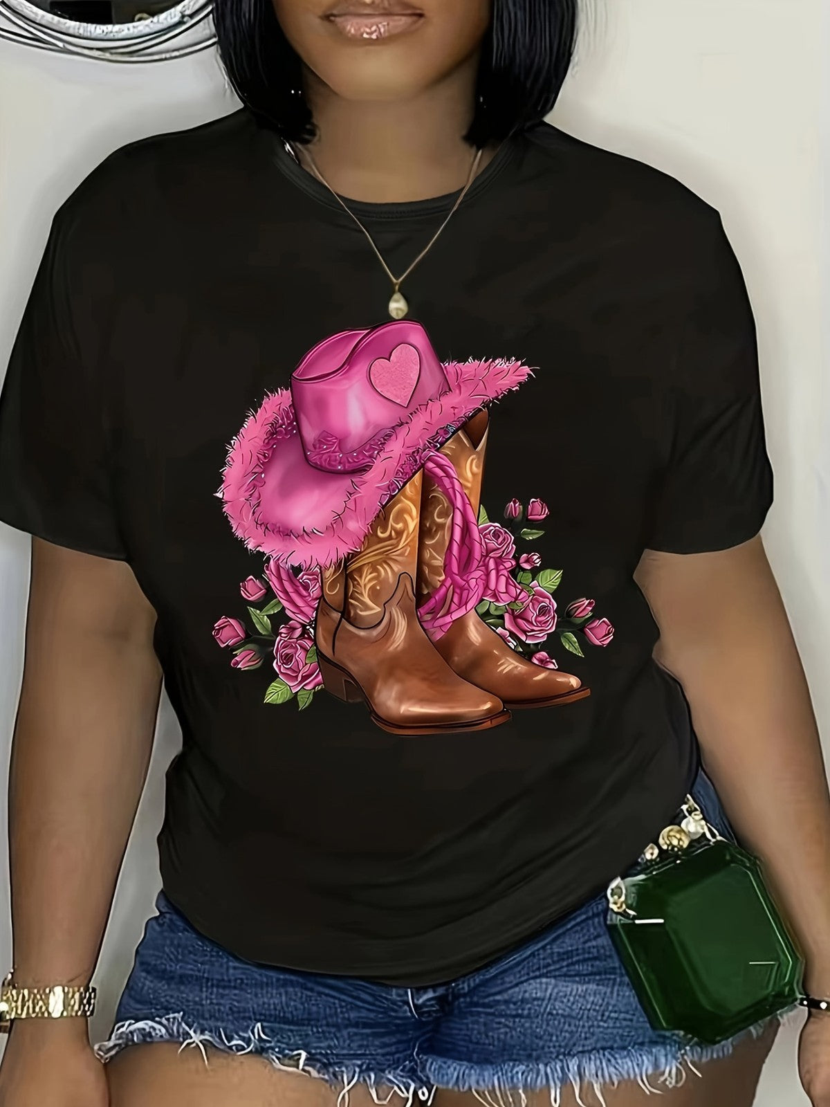 Women's T-Shirt, Pink Cowgirl Hat Boots with Roses Western Country Casual Tee