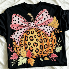 Casual Cheetah Print Pumpkin TShirt With Polka Dot Bow Cute Short Sleeve Top