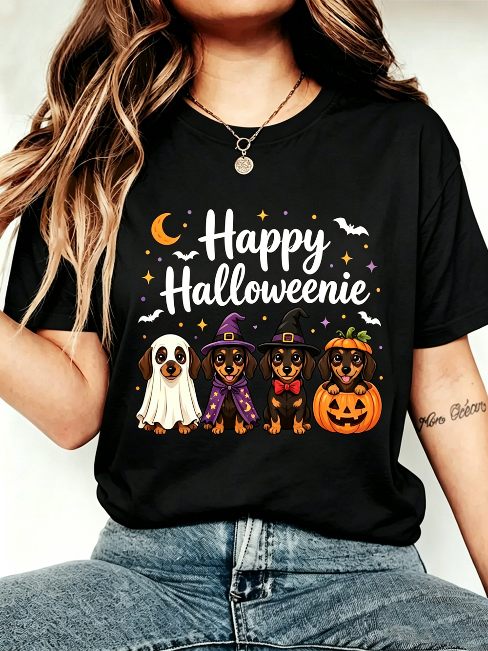 Women's Happy Halloweenie Dachshund Halloween Short Sleeve Crew Neck T-Shirt