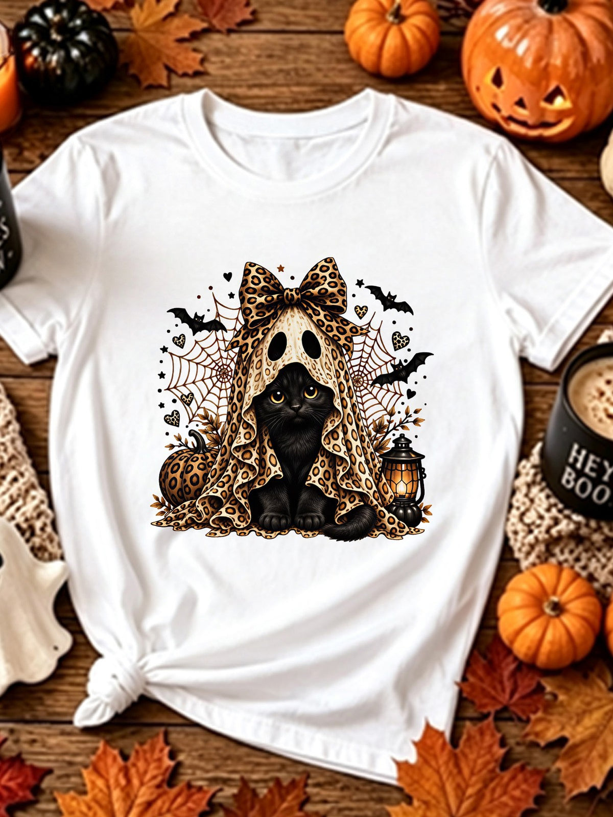 Halloween Leopard Bow Black Cat Ghost Print Short Sleeve Retro Casual Top