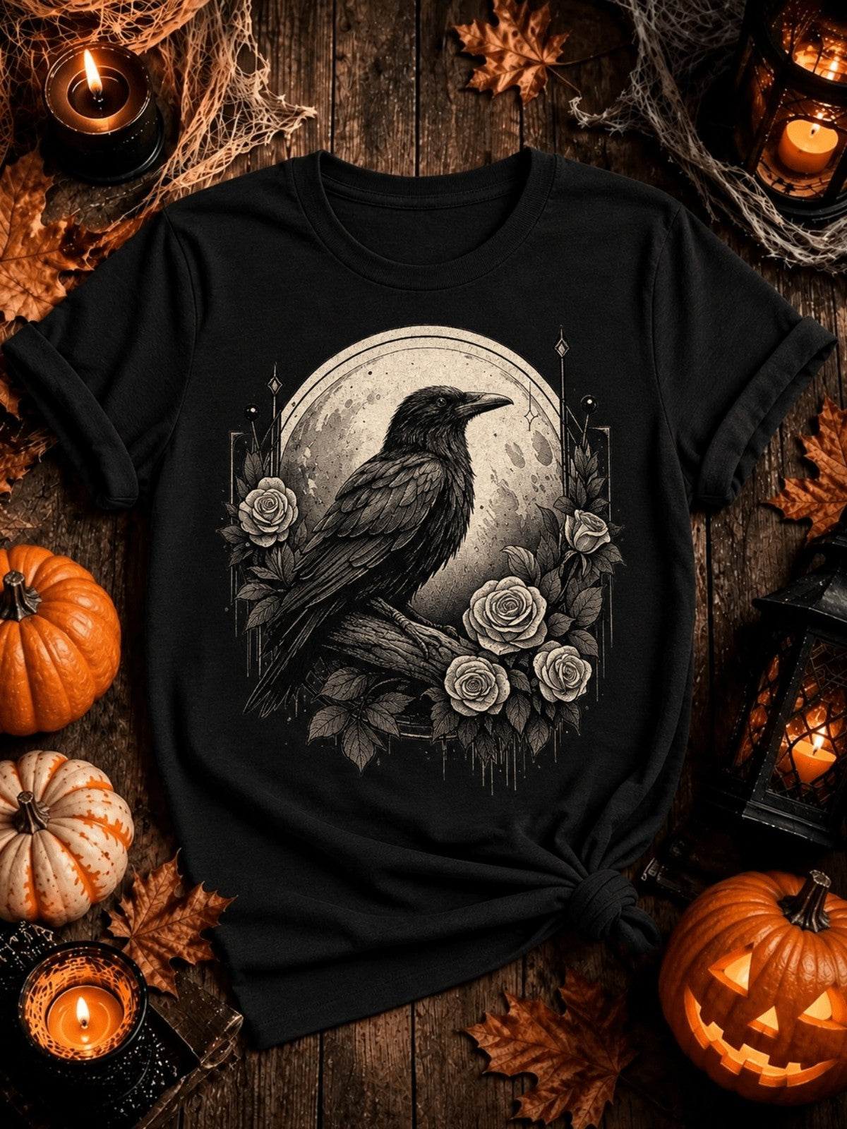 Gothic Crow Moon Rose Graphic TShirt Dark Halloween Short Sleeve Casual Tee Top