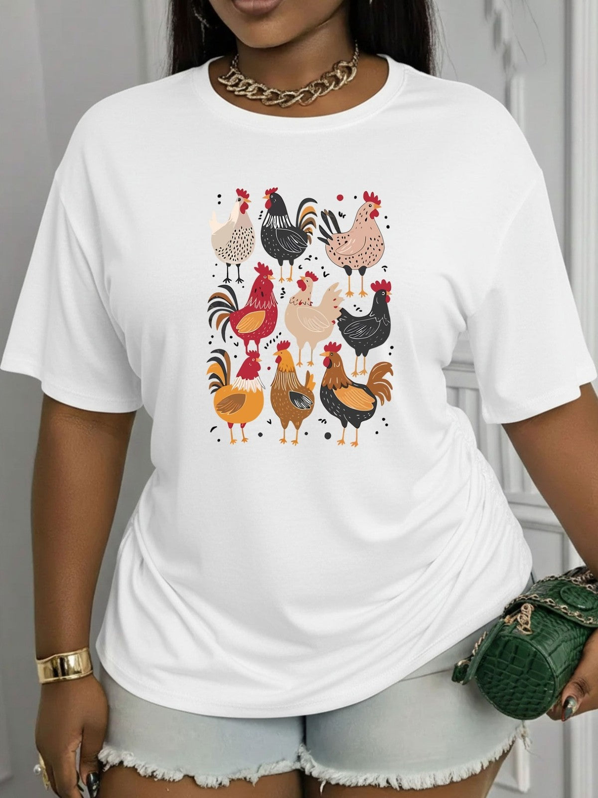 Fun Cartoon Rooster Farm Animals Printed Women'S Cute Casual Outdoor TShirt