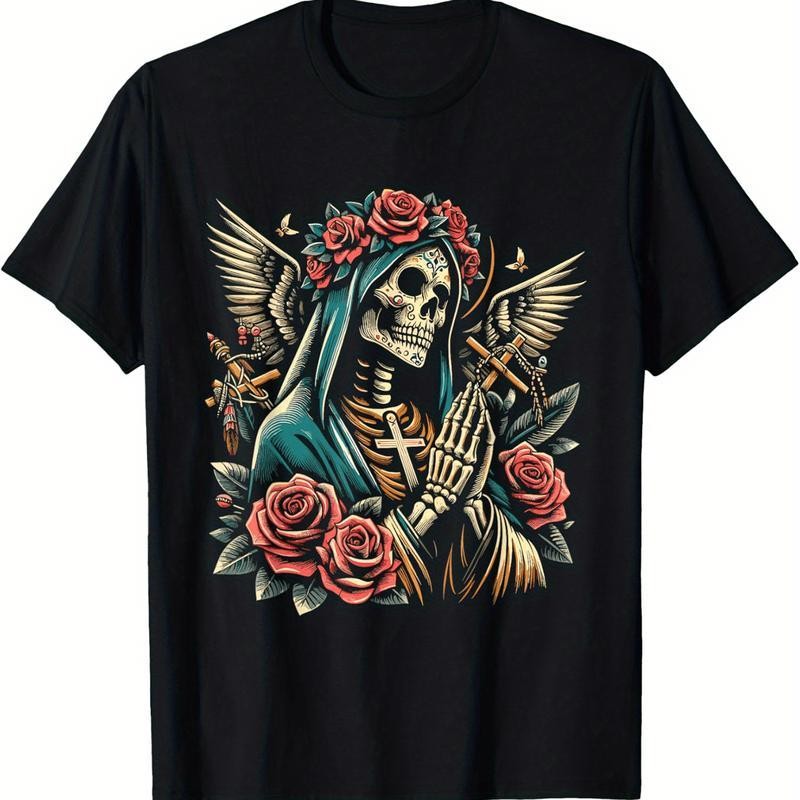 Retro Casual Graphic Print Short Sleeve - Skull Saint Death TShirt