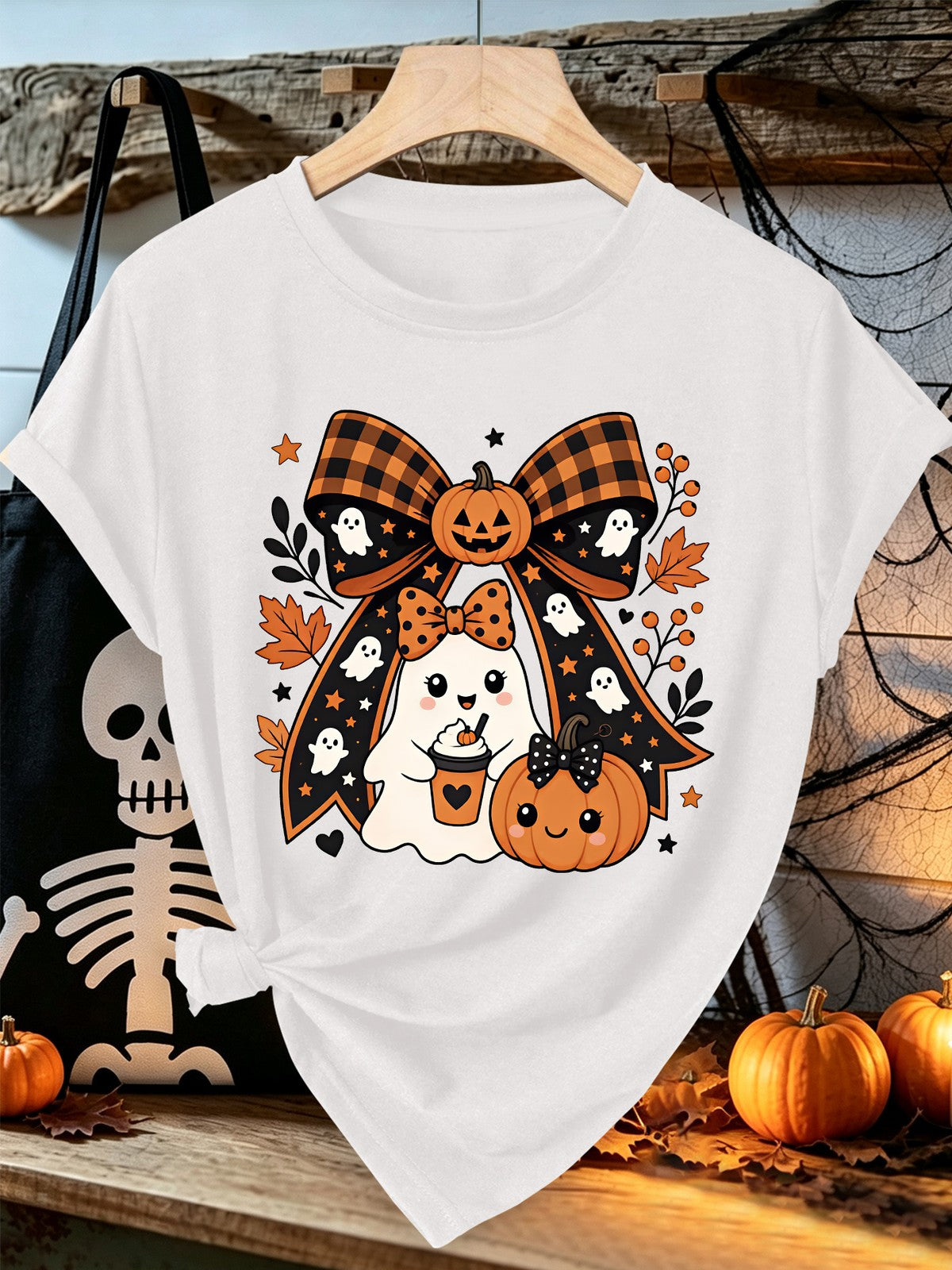 Halloween Short Sleeve Plaid Large Bow Coffee Ghost Little Pumpkin Maple Leaf