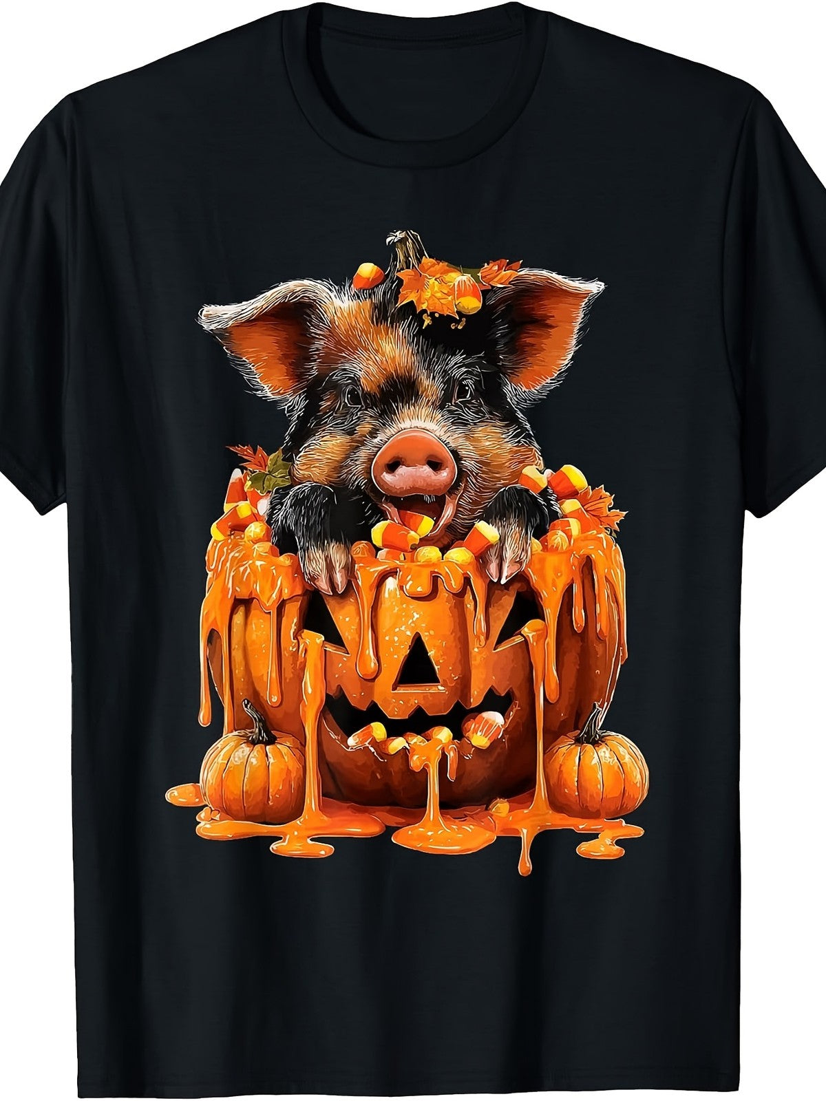 Cute Pig Dripping Pumpkin Candy Corn Halloween Animal Graphic Unisex Tee