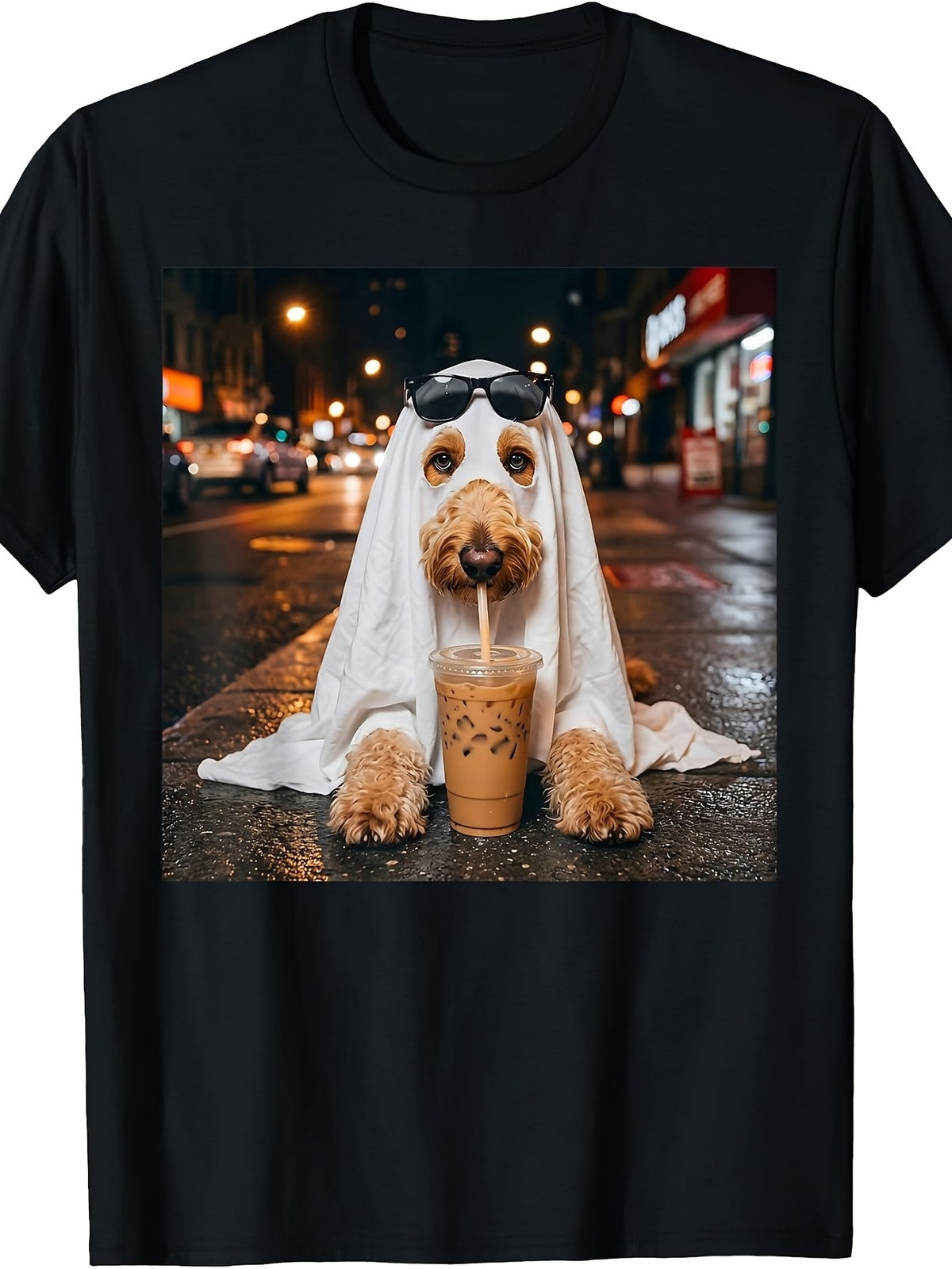 Golden Doodle Drinking Iced Coffee Halloween Dog Mom Spooky Graphic Unisex Tee