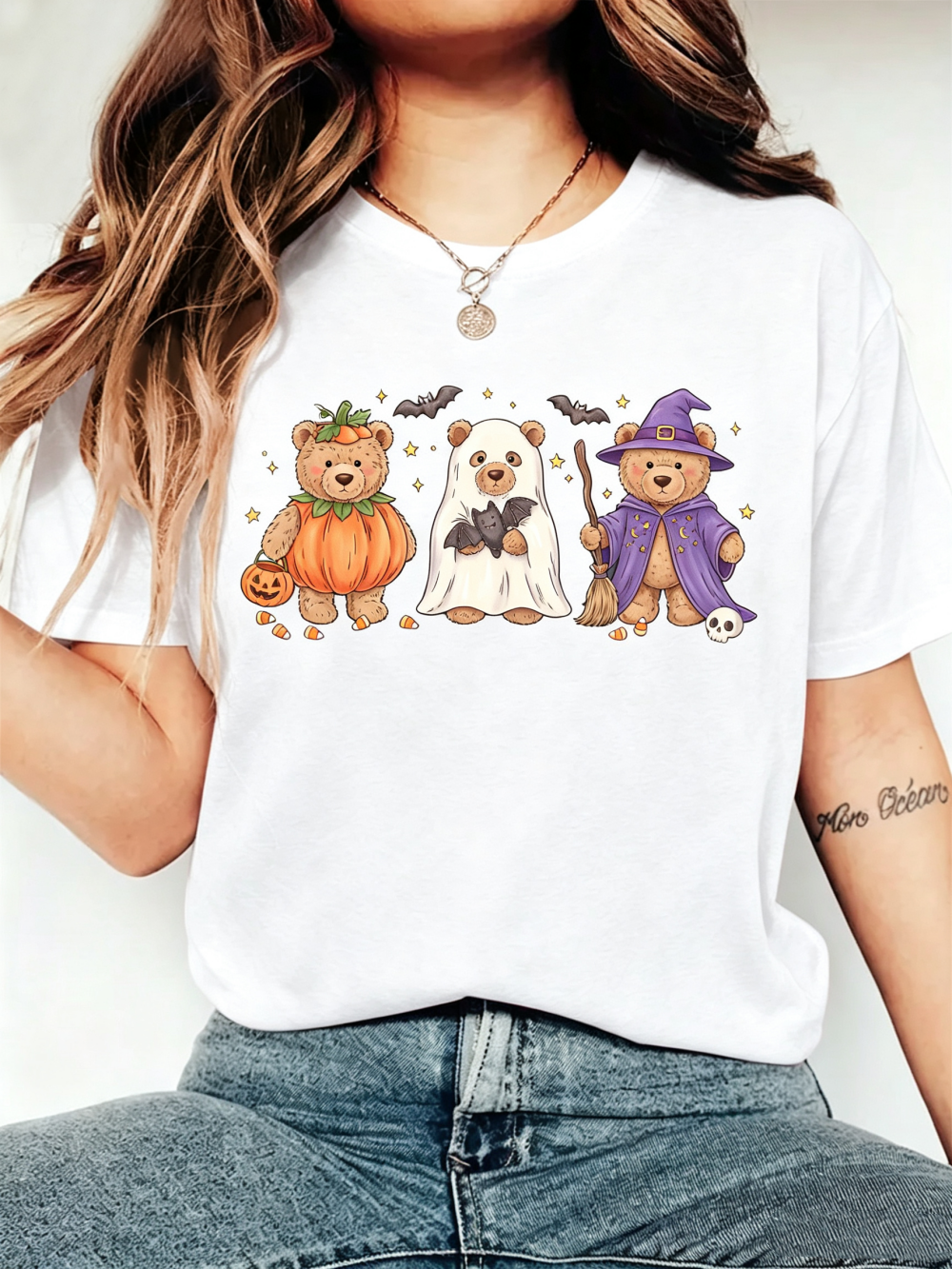 Halloween Teddy Bear Pumpkin Ghost Witch Graphic T-Shirt
