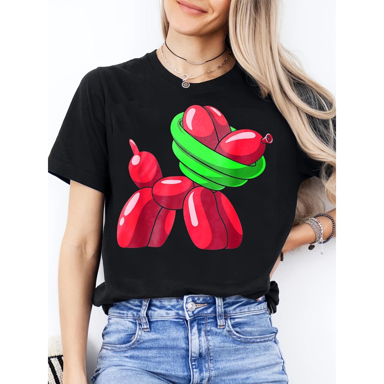 Red Balloon Dog Pattern Fun Couple Outfits Crew Neck Short Sleeve