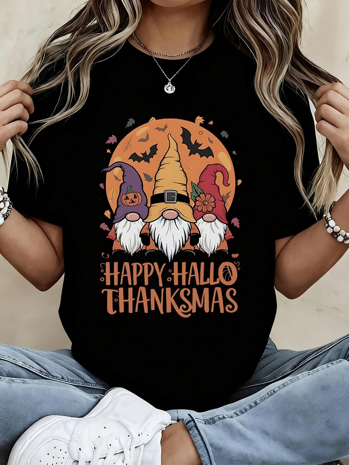 Happy Hallo Thanksmas Gnomes Halloween Thanksgiving Fall Autumn Graphic Tee
