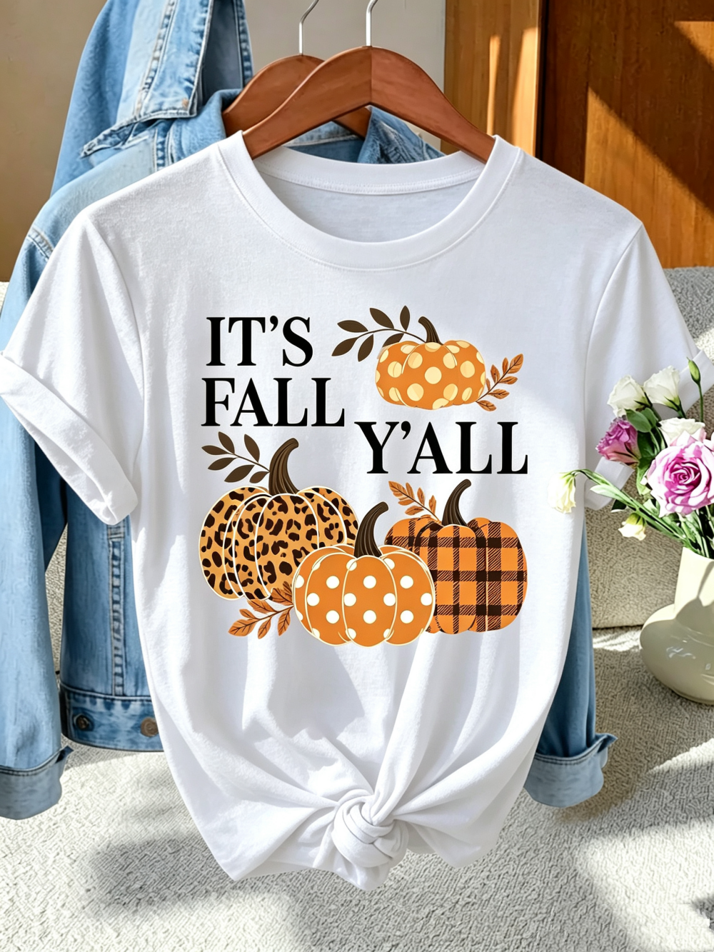 Women's It's Fall Y'all Graphic T-Shirt,  Autumn Short Sleeve Crew Neck Tee