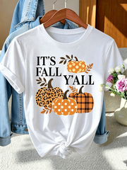 Women's It's Fall Y'all Graphic T-Shirt,  Autumn Short Sleeve Crew Neck Tee