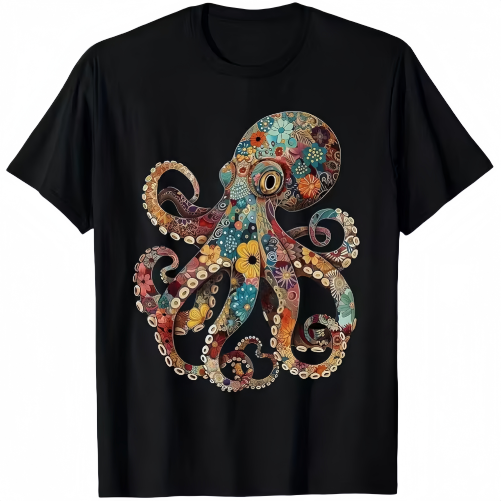 Vintage Floral Octopus T-Shirt, 100% Cotton