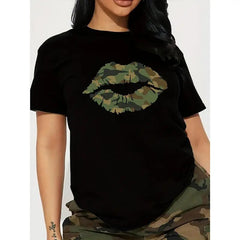 100% Cotton Fitted Camouflage Lip Print Short Sleeve Round Neck T-Shirt