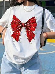 Red Bow Christmas String Lights Graphic TShirt Cute Casual Short Sleeve Tee