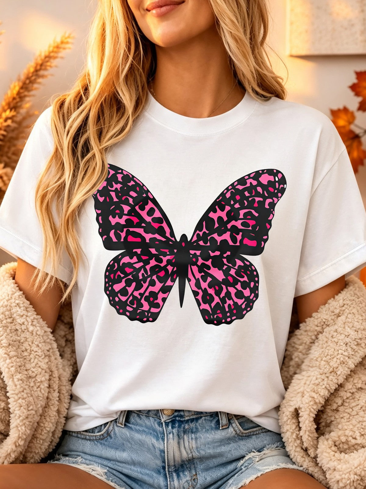 Black & Pink Leopard Print Butterfly Suitable Round Neck TShirt