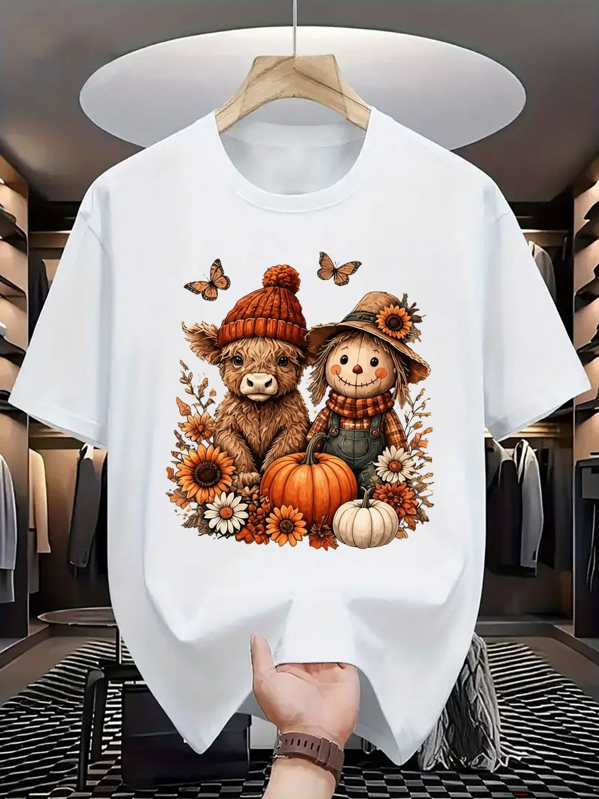 Highland Cow Scarecrow TShirt Pumpkin Sunflower Butterfly Short Sleeve Tee