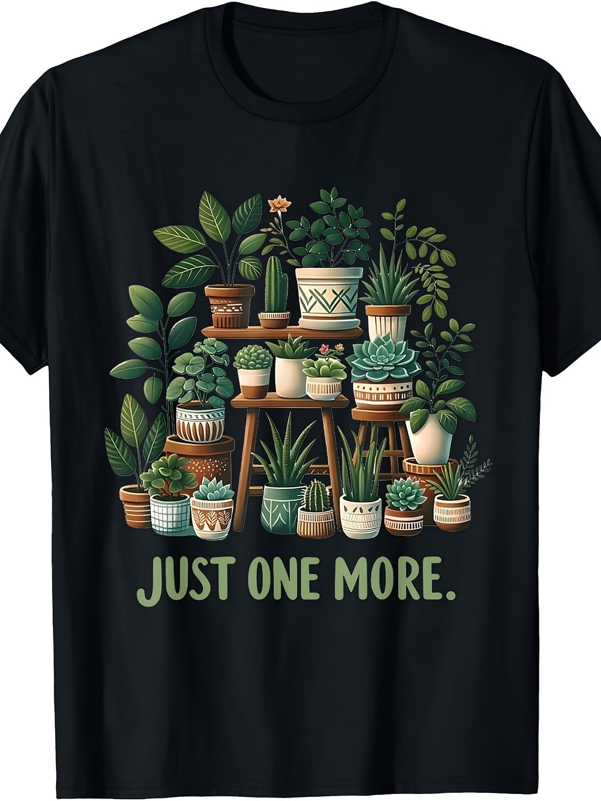 Casual Printed TShirt (Succulent Paradise) Black Short-Sleeve Crew Neck